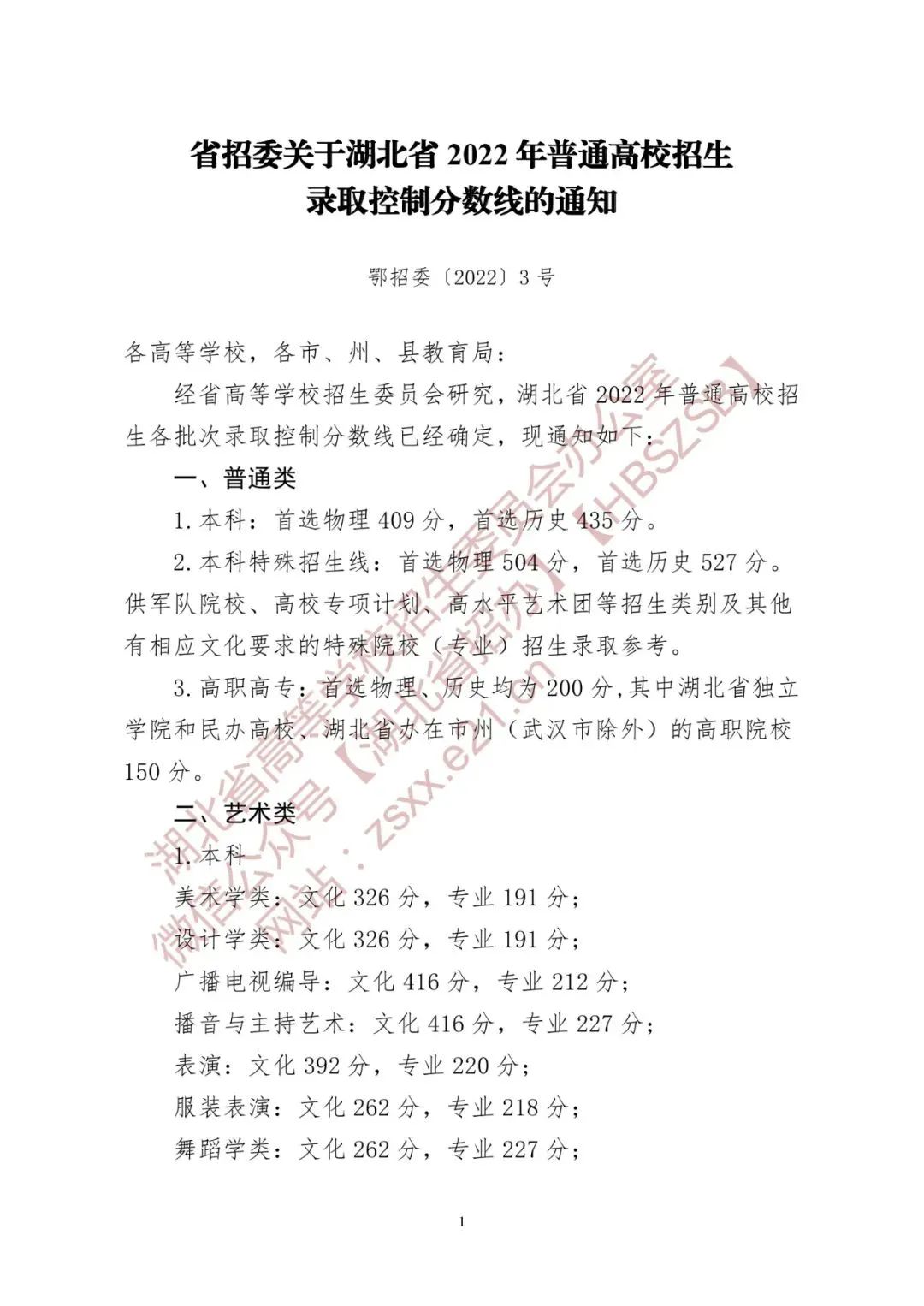 省招委关于湖北省2022年普通高校招生录取控制分数线的通知