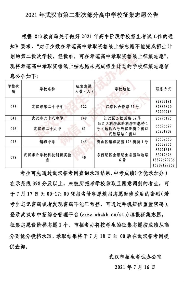 二批次高中征集志愿补录2021