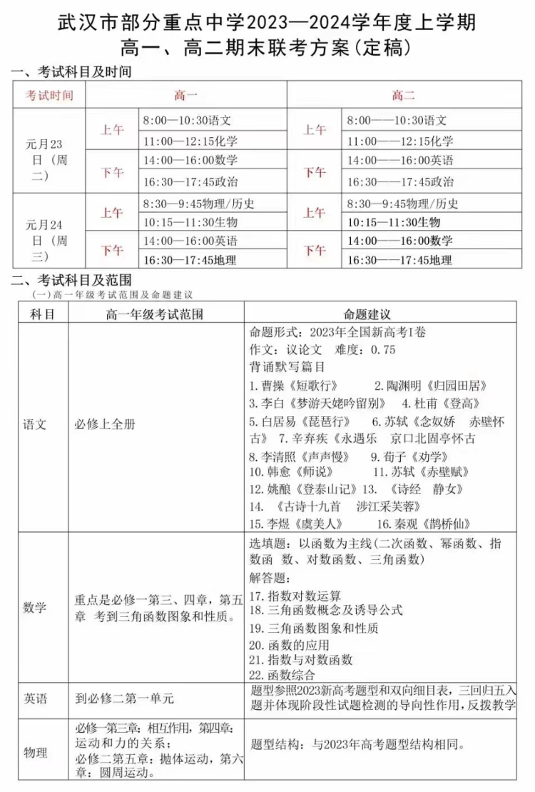 武汉高一、高二期末联考考试内容(1)