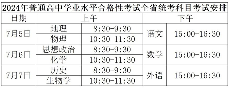 2024年普通高中学业水平合格性考试时间