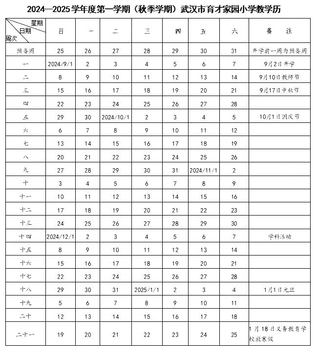 2024-2025学年度第一学期(秋季学期)武汉市育才家园小学教学历